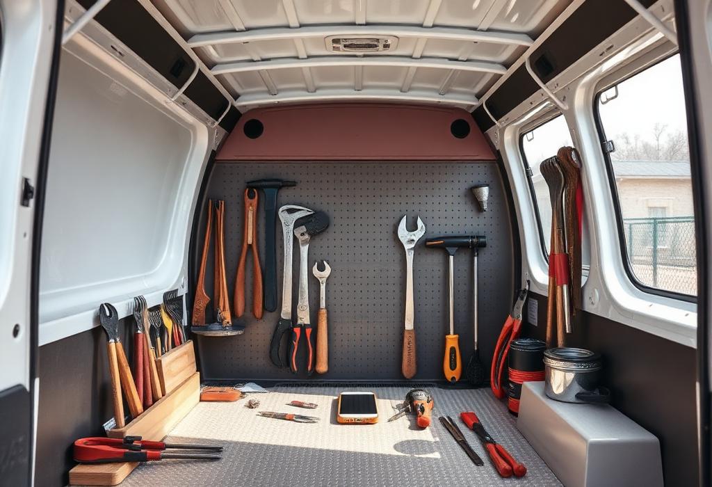 Intérieur d'un fourgon d'artisan avec des outils rangés et un smartphone