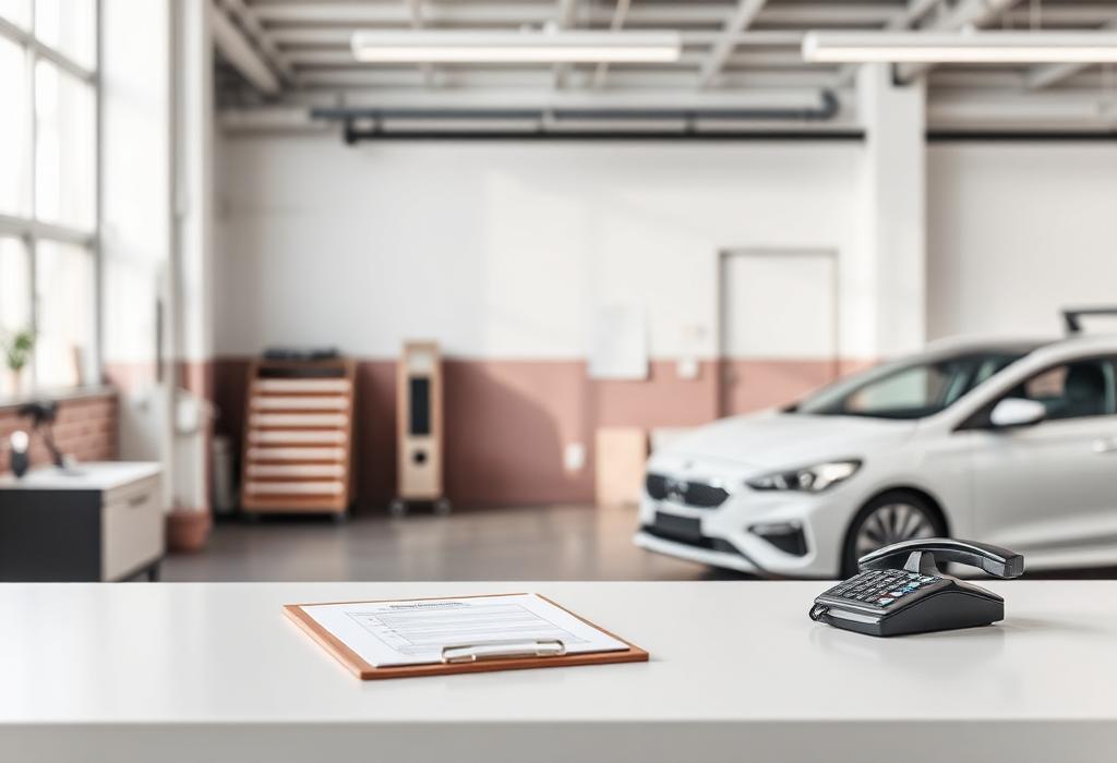 Comptoir d'accueil d'un garage automobile avec un téléphone et une fiche d'intervention