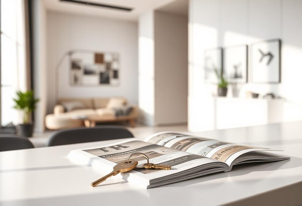 Bureau d'agence immobilière avec des clés et une brochure de bien